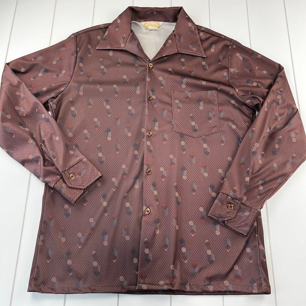 Vintage Men's Brown Button Down Polyester Printed Shirt Medium California Made